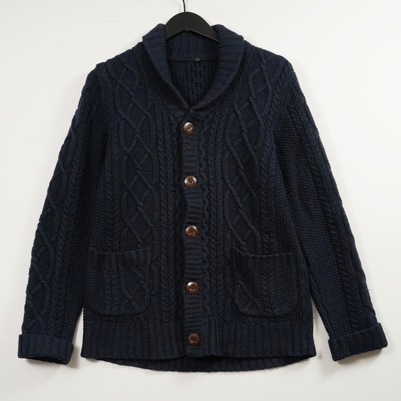 Muji Wool Cable Knit Shawl Collar Cardigan Sweater Fisherman Style Men’s Small - Picture 1 of 9